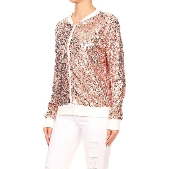 Brand New Women Rose Gold Polyester Sequin Long Sleeve Front Zip Jacket with Rib - Picture 3 of 6